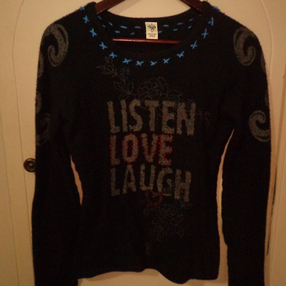 prAna Listen Love Laugh BOHO Knit Sweater M Black Raglan Raw Seams Graphics - Picture 9 of 15